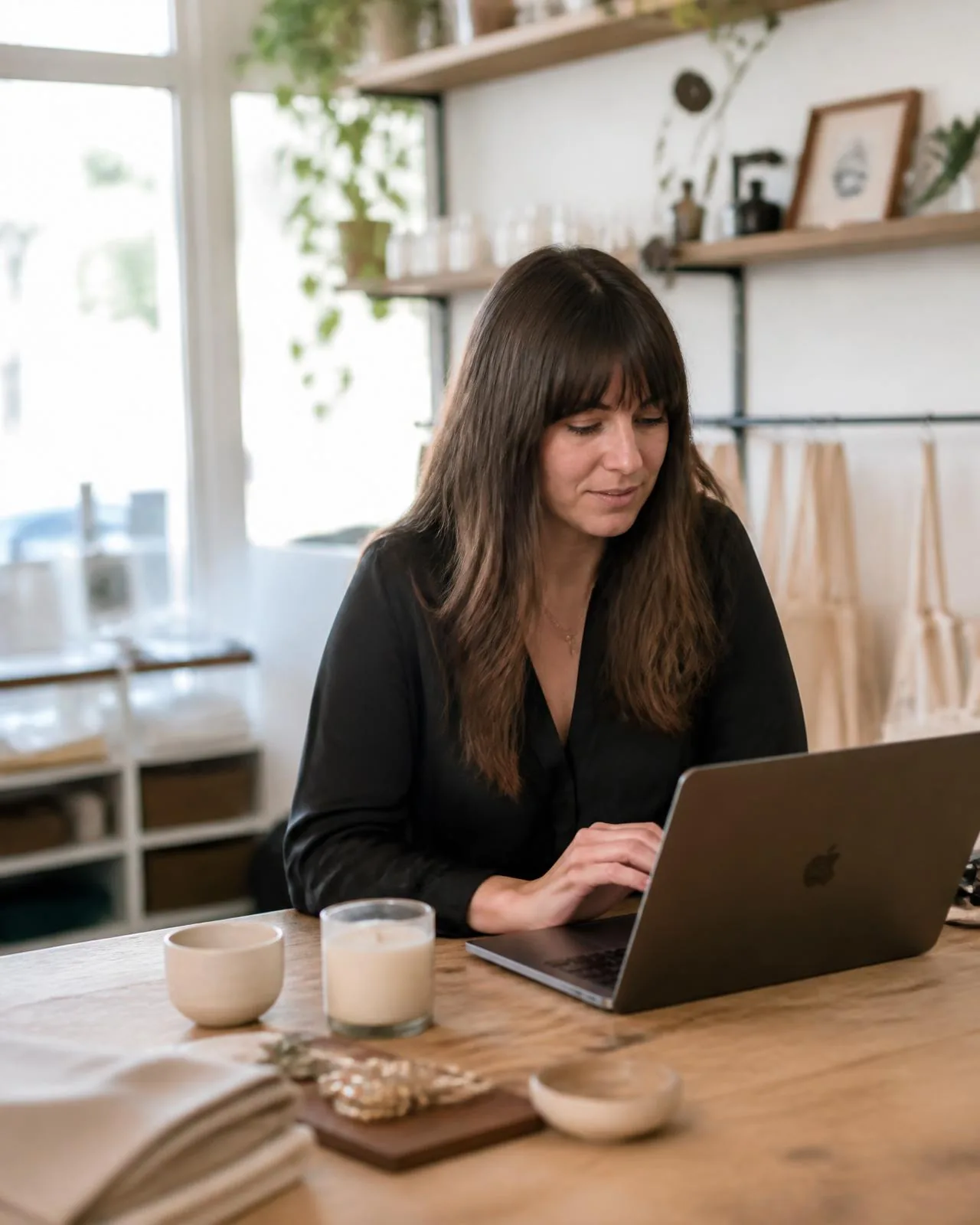 A shop owner replying to customer messages on a laptop at her counter
