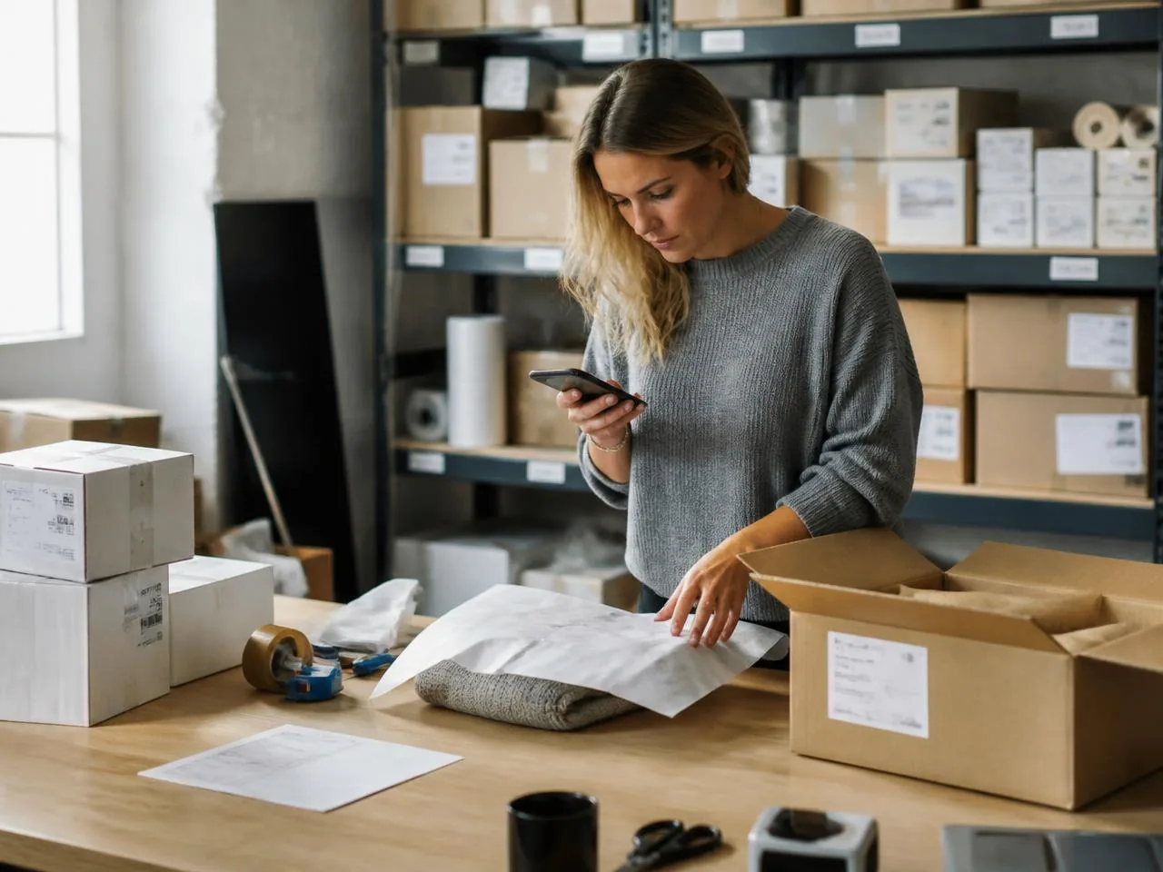 A small business owner checking her phone while packing an order