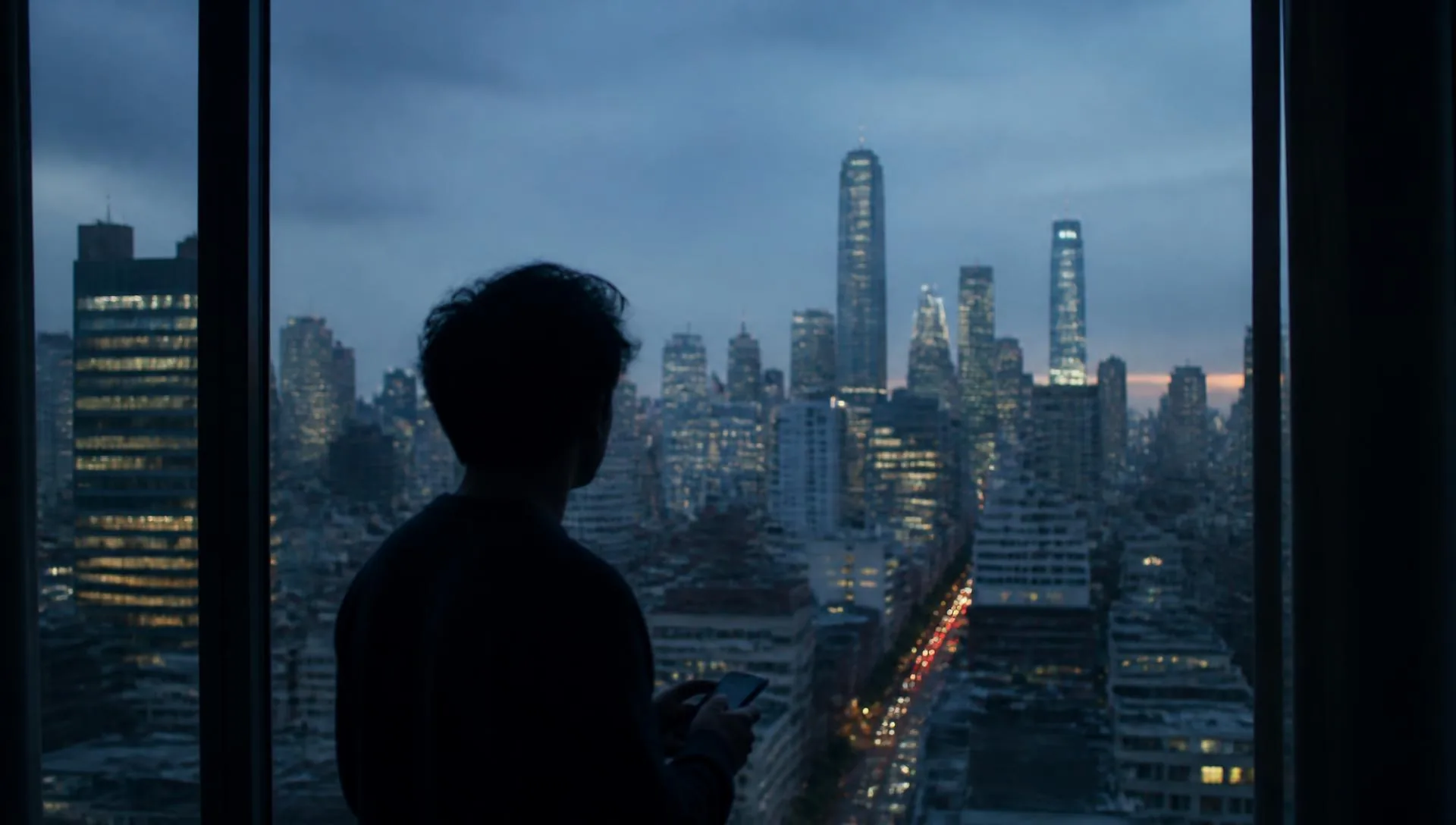 A person looking out over a city skyline at dusk while holding a phone